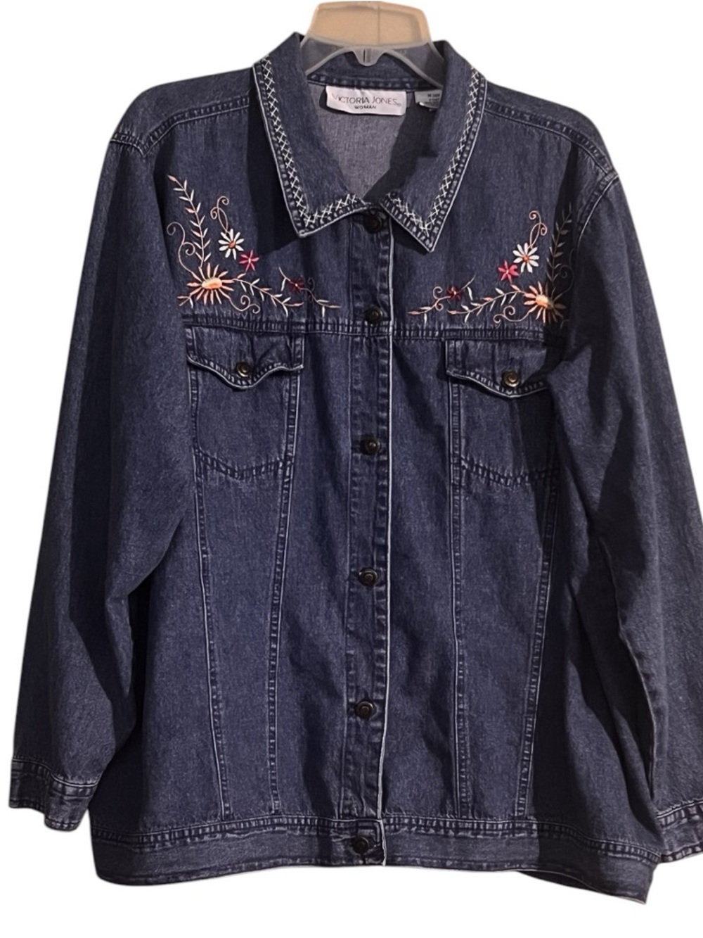 Victoria Jones Woman Blue Embroidered Denim Jacket Shacket 2X